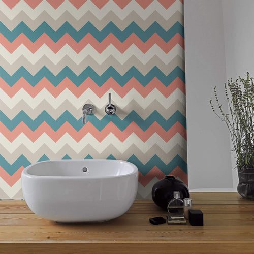 Beige and Blue Chevron Peel and Stick Removable Wallpaper 6401