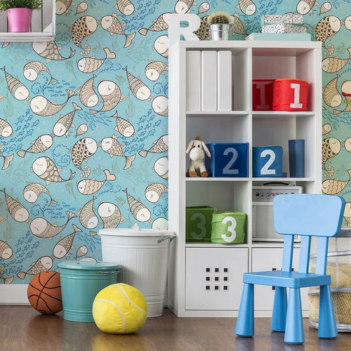 Beige and Blue Animals Baby Peel and Stick Removable Wallpaper 5065