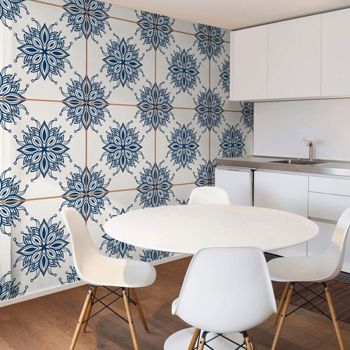 Blue Floral Tile Adhesive Peel and Stick Removable Wallpaper 030i