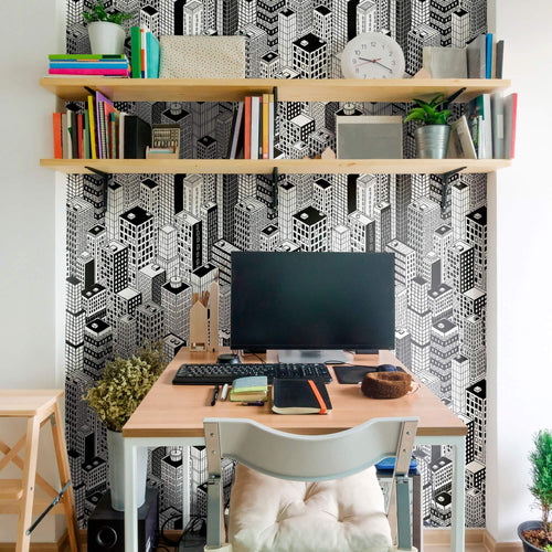 Black and White City Themed Peel and Stick Removable Wallpaper 3098