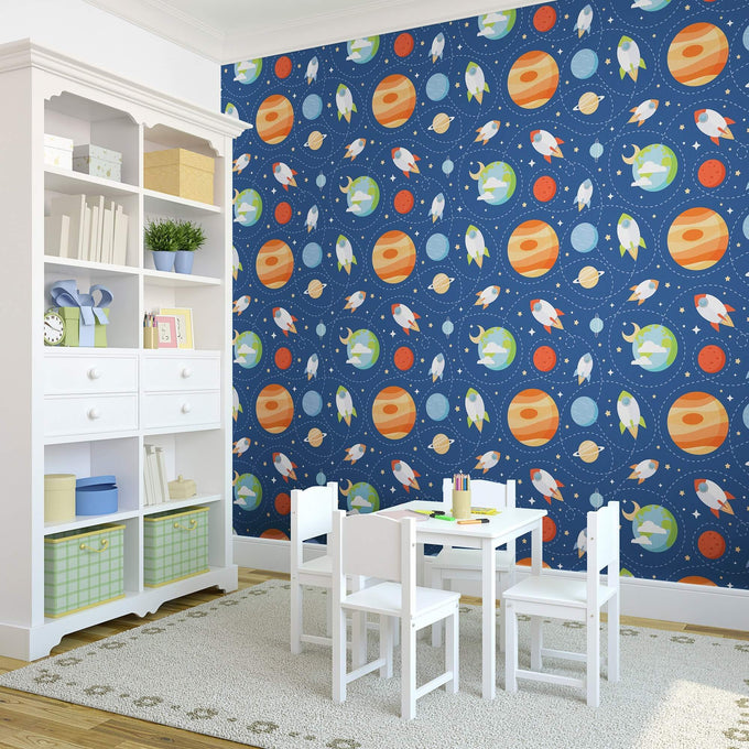 Blue and Brown Space Children Peel and Stick Removable Wallpaper 0565