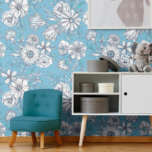 Blue and Emerald Watercolor Floral Peel and Stick Removable Wallpaper 0035