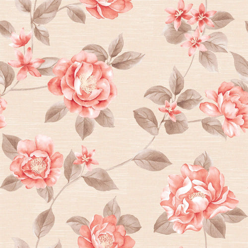 Pink and Beige Floral Peel and Stick Removable Wallpaper 0533