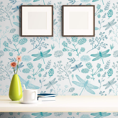 Navy Blue and Aqua Floral Animal Peel and Stick Removable Wallpaper 6672