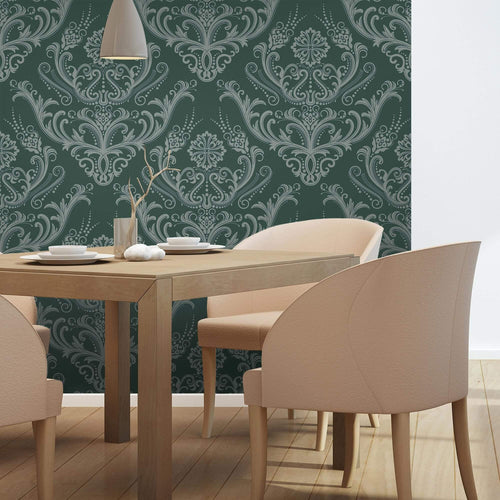 Green Damask Basic Peel and Stick Removable Wallpaper 6296