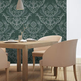Green Damask Basic Peel and Stick Removable Wallpaper 6296