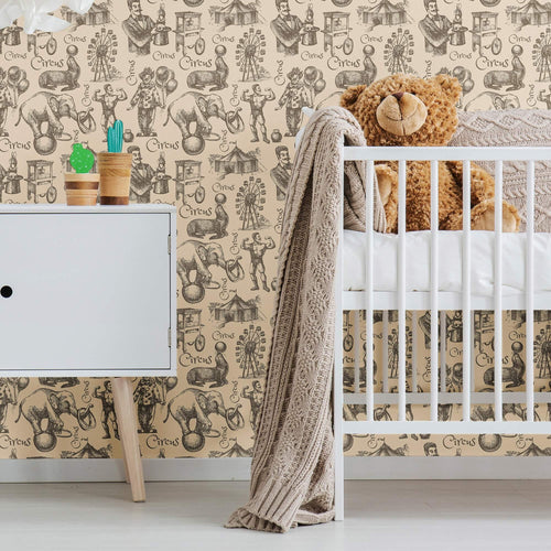 Tan Circus Children Peel and Stick Removable Wallpaper 0156
