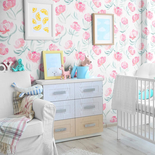 Pink and Red Watercolor Floral Peel and Stick Removable Wallpaper 4698