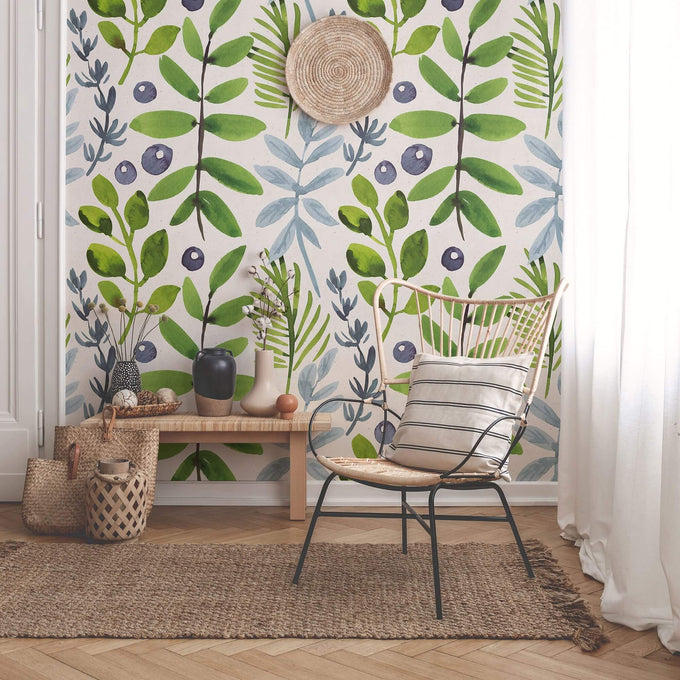 Green and Purple Botanical Floral Peel and Stick Removable Wallpaper 9786