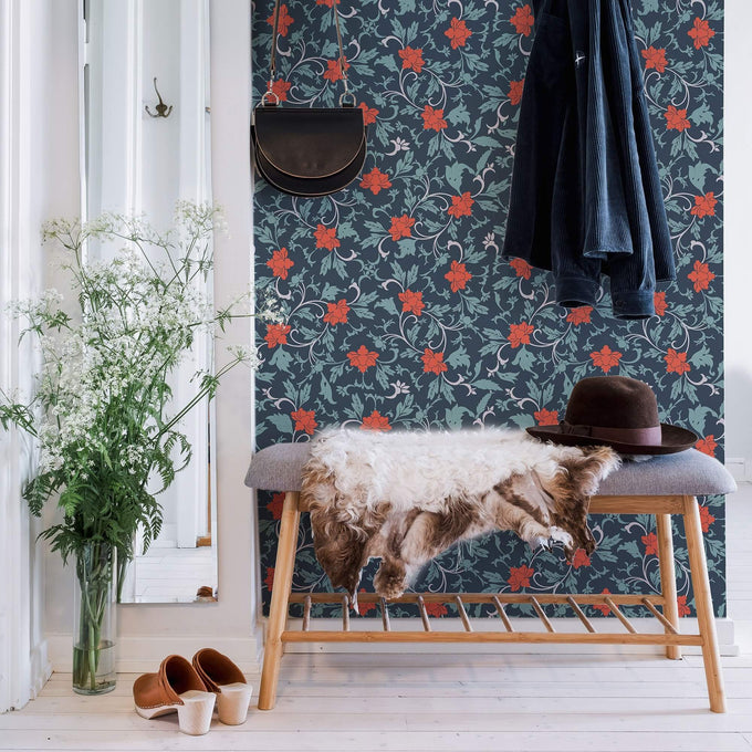 Dark Blue Baroque Floral Peel and Stick Removable Wallpaper 5913