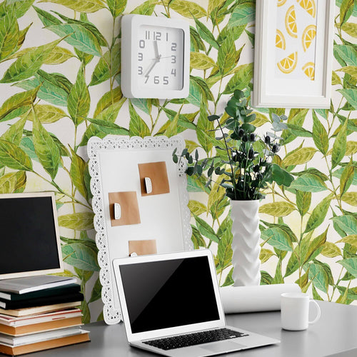 Green and Beige Leaf Floral Peel and Stick Removable Wallpaper 0625