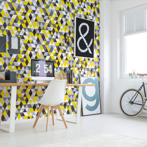Yellow and Grey Triangles Geometric Peel and Stick Removable Wallpaper 3954