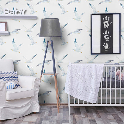 White and Blue Bird Nautical Peel and Stick Removable Wallpaper 4401