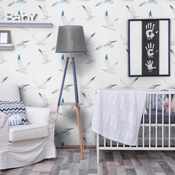 White and Blue Bird Nautical Peel and Stick Removable Wallpaper 4401