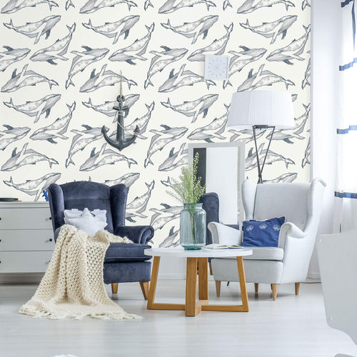 Navy Fish Nautical Peel and Stick Removable Wallpaper 8098
