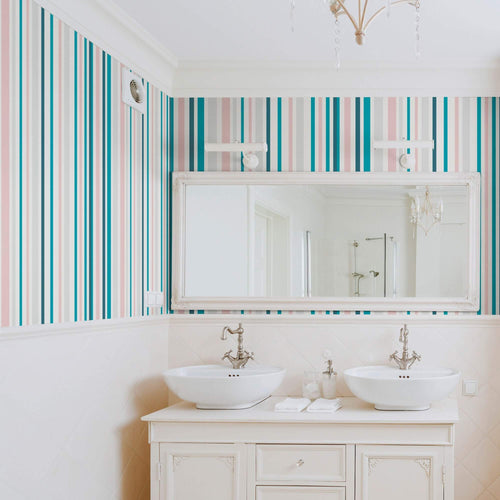 Teal and White Striped Peel and Stick Removable Wallpaper 0297