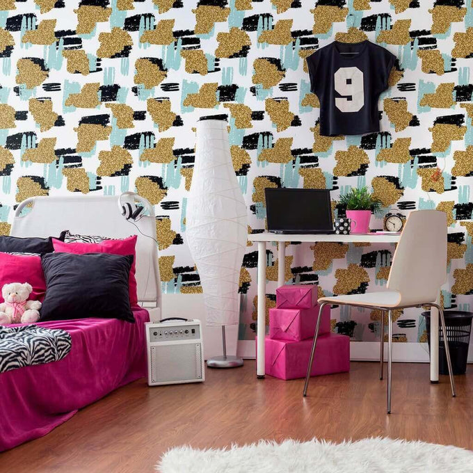 Beige and Teal Teens Peel and Stick Removable Wallpaper 1944