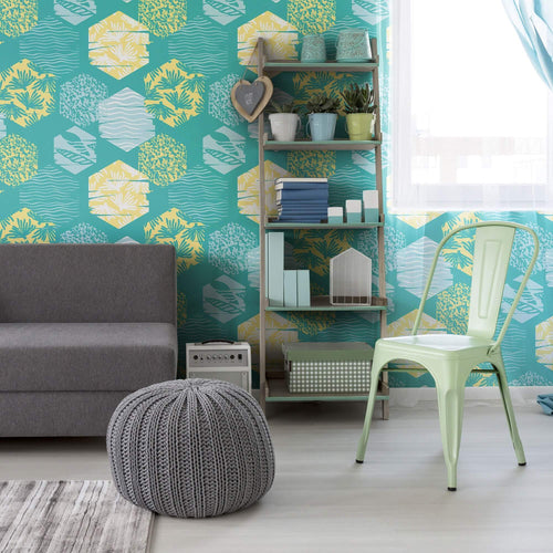 Yellow and Mint Green Retro Teens Peel and Stick Removable Wallpaper 3230