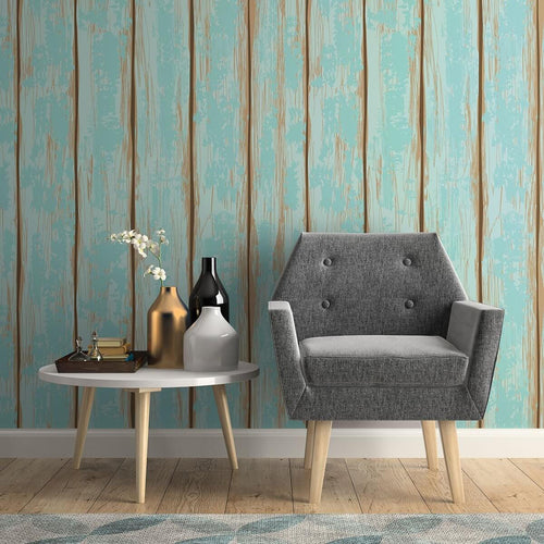 Turquoise Faux Wood Peel and Stick Removable Wallpaper 8825