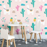 Pink Llama Themed Peel and Stick Removable Wallpaper 6450