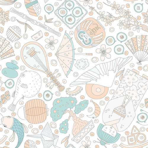 White Asian Themed Peel and Stick Removable Wallpaper 5651