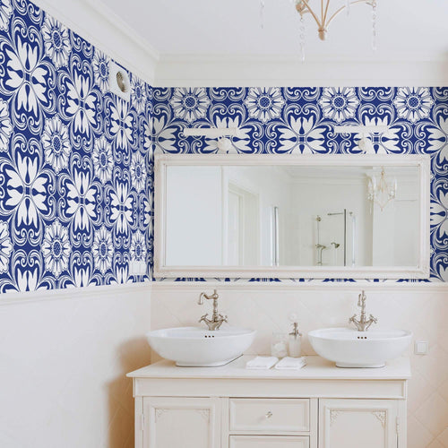 Blue Floral Tile Adhesive Peel and Stick Removable Wallpaper 5717