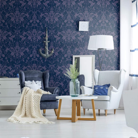 Blue Damask Basic Peel and Stick Removable Wallpaper