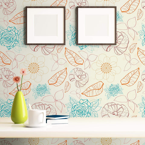 Blue and Beige Textured Floral Peel and Stick Removable Wallpaper