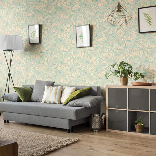 Blue and Beige Motif Floral Peel and Stick Removable Wallpaper