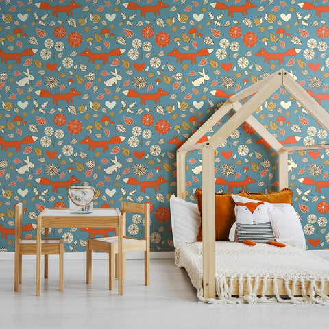 Blue and Tan Animals Baby Peel and Stick Removable Wallpaper