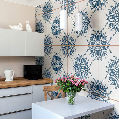 Blue Floral Tile Adhesive Peel and Stick Removable Wallpaper