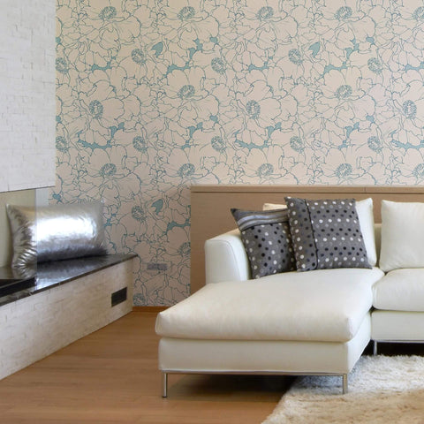 Beige and Blue Motif Floral Peel and Stick Removable Wallpaper