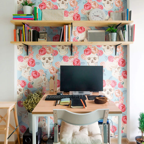 Blue and Red Skulls Themed Peel and Stick Removable Wallpaper