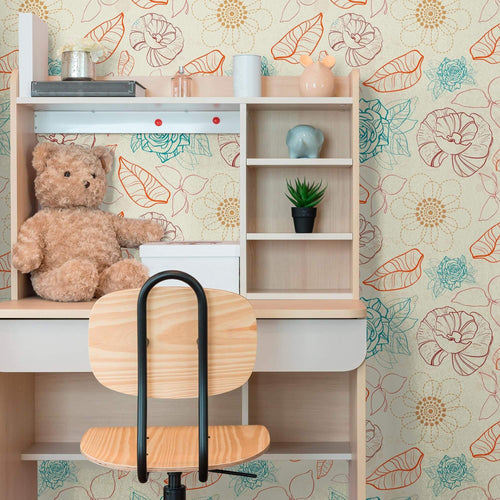 Blue and Beige Textured Floral Peel and Stick Removable Wallpaper