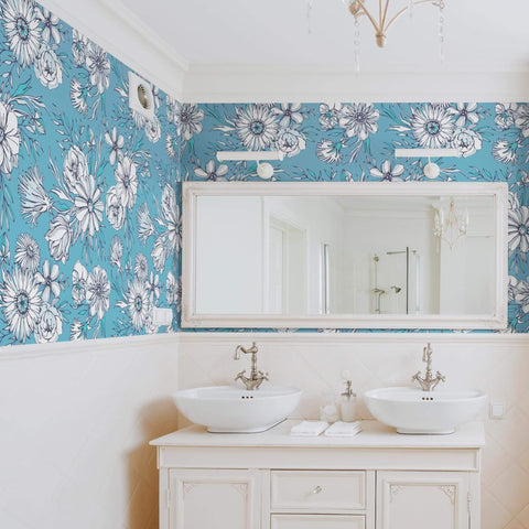 Blue and Emerald Watercolor Floral Peel and Stick Removable Wallpaper