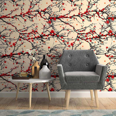 Black and Red Japanese Floral Peel and Stick Removable Wallpaper