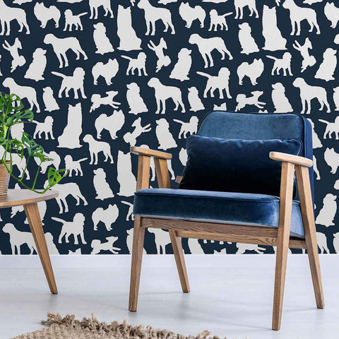 What if you could have fun dog themed walls that are also elegant enough to suit your formal living room? This gorgeous peel and stick wallpaper makes it possible by placing white canine silhouettes on a deep blue background. With its dramatic color palette, rich finish, and exceptionally easy-to-install design, this PVC-free removable wallpaper is a keeper!