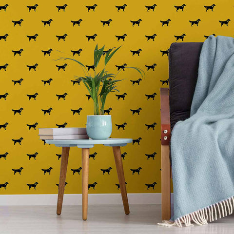 Did someone say animal magnetism? This fun, quirky peel and stick wallpaper is sunny sophistication and canine cuteness packed into one neat design! Featured on its intense yellow background are little black dog silhouettes arranged in diagonal lines. This bright and bold PVC-free wallpaper is perfect for any room that needs warming up.