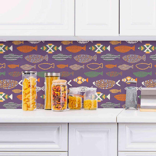 Turn your living space royal, playful and welcoming all at once with this charming peel and stick fish wallpaper. Its luxurious purple background showcases quirky fish illustrations composed of geometric elements and vibrant colors. A perfect partner for Boho-chic spaces, this rich PVC-free design is the dose of character that your rented home needs!
