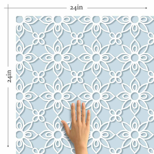 Add depth and richness to your living space in one quick move. This exquisite peel and stick wallpaper cleverly creates the 3-dimensional effect of a white floral lattice over a pale blue background. The delicate, intricate lattice, the calming blue tone, and the rich matte finish of this latex saturated, PVC-free wallpaper, make it suitable for both classic and contemporary interiors.