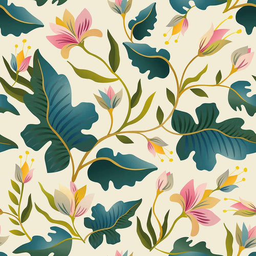 This distinctive peel and stick wallpaper takes a leaf out of nature’s book and turns it dramatic. Featuring bold, stylized drawings of deep green leaves and light pink blossoms on a beige background, this design follows all the rules of the botanical theme while simultaneously keeping things playful and quirky.