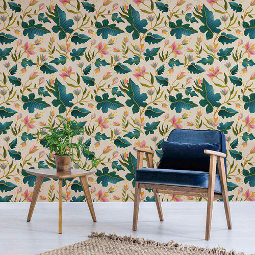 This distinctive peel and stick wallpaper takes a leaf out of nature’s book and turns it dramatic. Featuring bold, stylized drawings of deep green leaves and light pink blossoms on a beige background, this design follows all the rules of the botanical theme while simultaneously keeping things playful and quirky.