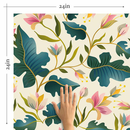 This distinctive peel and stick wallpaper takes a leaf out of nature’s book and turns it dramatic. Featuring bold, stylized drawings of deep green leaves and light pink blossoms on a beige background, this design follows all the rules of the botanical theme while simultaneously keeping things playful and quirky.