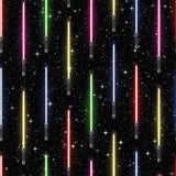 A stunning wall covering from a galaxy far far away! This Star Wars themed peel and stick wallpaper presents vertically arranged light sabers on a starry black background. Exuberant and emphatic, this design is made to make heads turn. At the same time, it has the structured feel of a striped composition, and as such can easily lend itself to formal spaces that enjoy a bit of whimsy.
