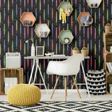 A stunning wall covering from a galaxy far far away! This Star Wars themed peel and stick wallpaper presents vertically arranged light sabers on a starry black background. Exuberant and emphatic, this design is made to make heads turn. At the same time, it has the structured feel of a striped composition, and as such can easily lend itself to formal spaces that enjoy a bit of whimsy.