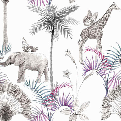 Your urban jungle just got cooler! This gorgeous peel and stick wallpaper helps you bring home a piece of the forest, with its whimsical nature scenes that include a wide range of flora and fauna. Elephants, giraffes, butterflies and beautiful flowers and foliage, all appear in gentle colors and an artistic style in this distinctive PVC-free wall covering.