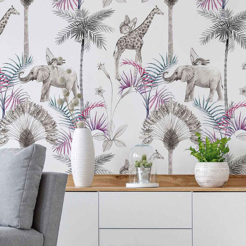 Your urban jungle just got cooler! This gorgeous peel and stick wallpaper helps you bring home a piece of the forest, with its whimsical nature scenes that include a wide range of flora and fauna. Elephants, giraffes, butterflies and beautiful flowers and foliage, all appear in gentle colors and an artistic style in this distinctive PVC-free wall covering.