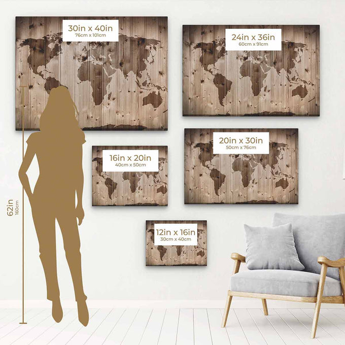 Brown World map Wall Art Canvas 2536