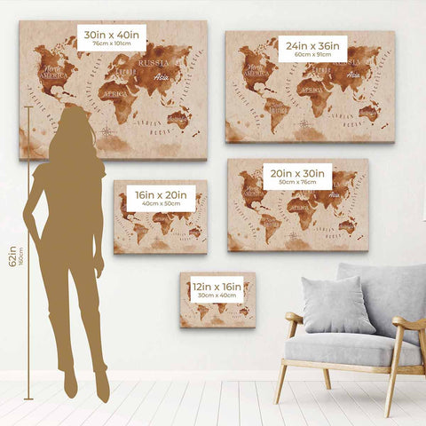 Brown World map Wall Art Canvas 6075