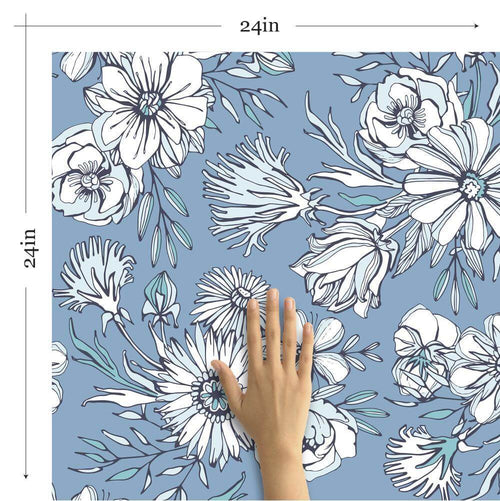 Blue and Emerald Watercolor Floral Peel and Stick Removable Wallpaper
